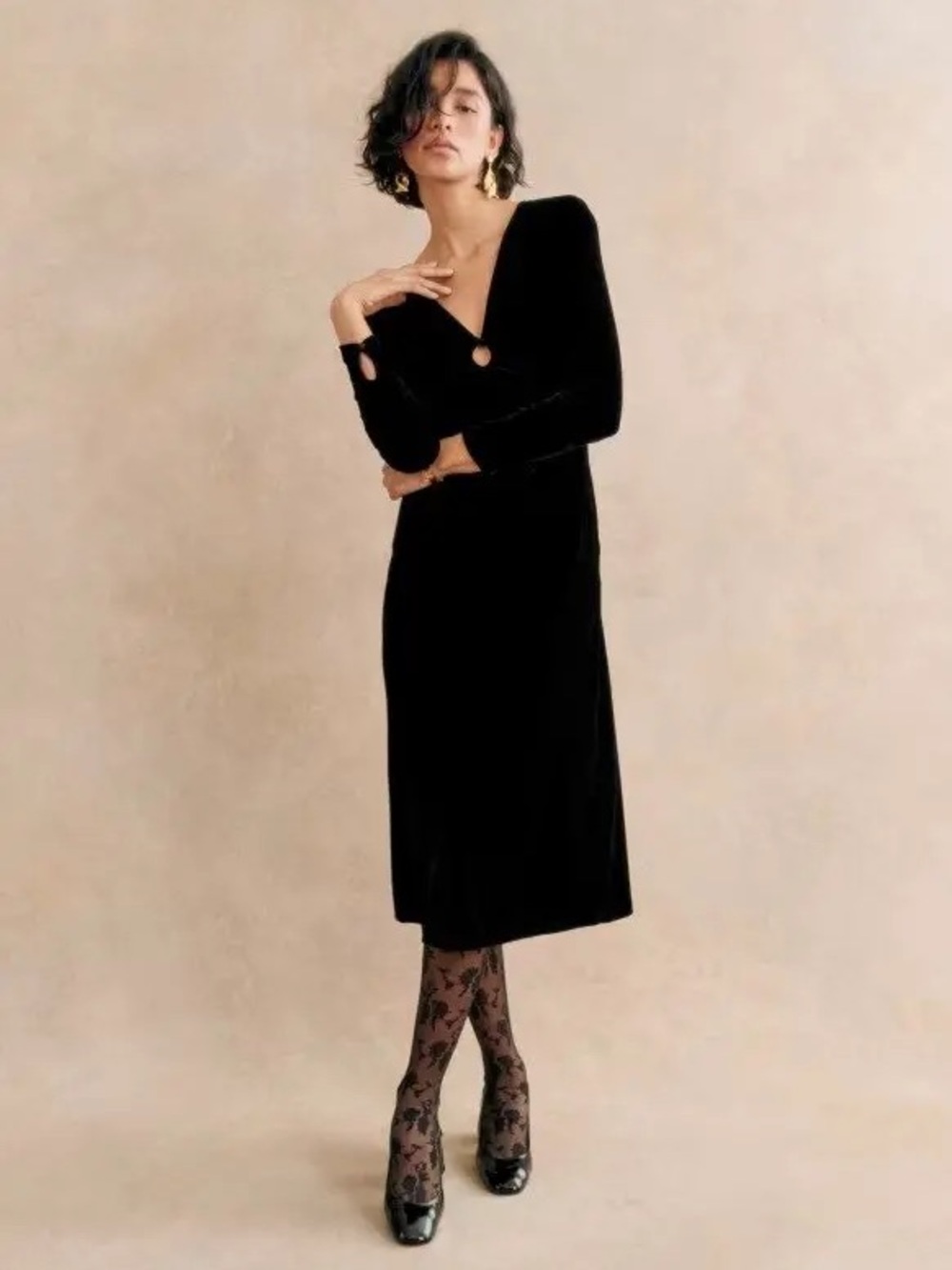 Sezane Adja Dress Black Long Sleeve Midi Dress with Keyhole Detail